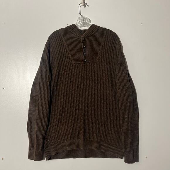 Vintage Eddie Bauer Brown Henley Knit Cowl Neck Fishermen Sweater Men’s Size L - Picture 1 of 7